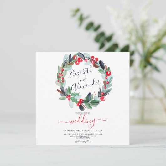 Weihnachtskranz Hochzeit mit Blumenwasser Einladung (Stehend Vorderseite)