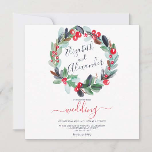 Weihnachtskranz Hochzeit mit Blumenwasser Einladung (Vorderseite)