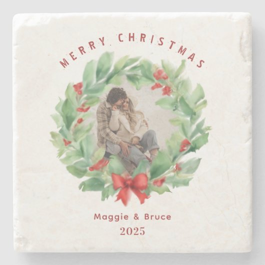 Weihnachtskranz im benutzerdefinierten Foto Steinuntersetzer (Vorderseite)