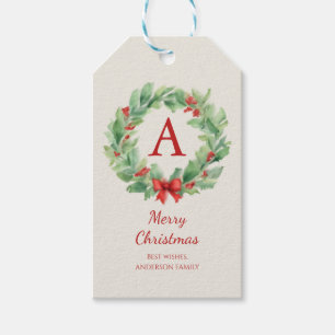 Weihnachtskranz im Wasserfarb-Monogramm und Name Geschenkanhänger