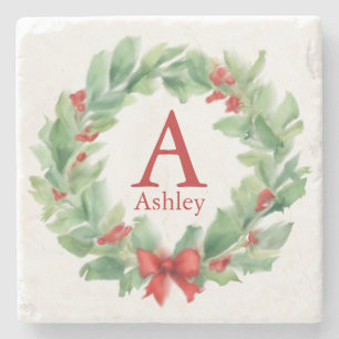 Weihnachtskranz im Wasserfarb-Monogramm und Name Steinuntersetzer