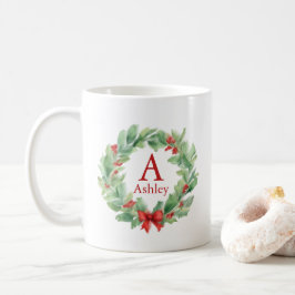 Weihnachtskranz in Aquarellfarbenmonogramm und Nam Kaffeetasse