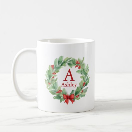 Weihnachtskranz in Aquarellfarbenmonogramm und Nam Kaffeetasse (Links)