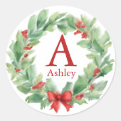Weihnachtskranz in Aquarellfarbenmonogramm und Nam Runder Aufkleber (Vorderseite)