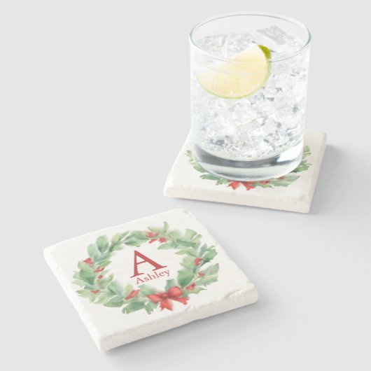 Weihnachtskranz in Aquarellfarbenmonogramm und Nam Steinuntersetzer (Seitenansicht)