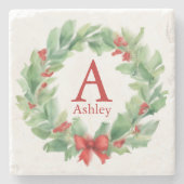 Weihnachtskranz in Aquarellfarbenmonogramm und Nam Steinuntersetzer (Vorderseite)