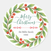 Weihnachtskranz in Wasserfarbe mit benutzerdefinie Runder Aufkleber (Vorderseite)