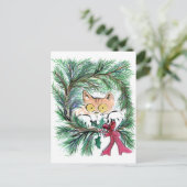 WeihnachtsKranz-Katze, Sumi-e Feiertagspostkarte (Stehend Vorderseite)
