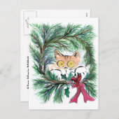 WeihnachtsKranz-Katze, Sumi-e Feiertagspostkarte (Vorne/Hinten)