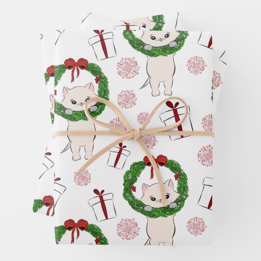 Weihnachtskranz, Kitten und Geschenke Geschenkpapier Set (Beispiel)