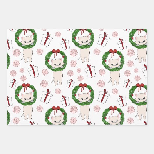 Weihnachtskranz, Kitten und Geschenke Geschenkpapier Set (Vorderseite)