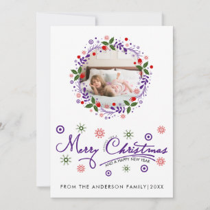 Weihnachtskranz, lila Schrift-Typografie-Foto Feiertagskarte