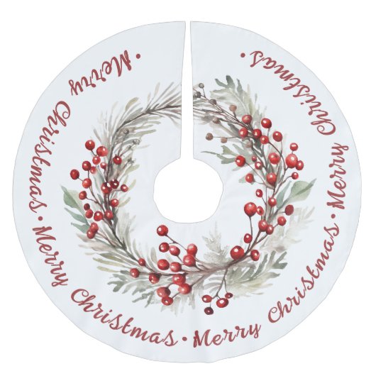 Weihnachtskranz mit Ästen und roten Beeren Polyester Weihnachtsbaumdecke (Vorderseite)