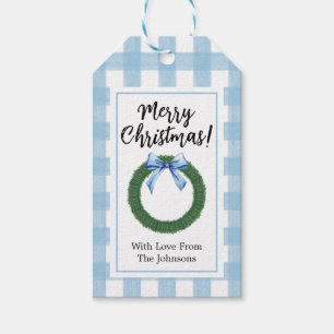 Weihnachtskranz mit Blue BowGift Tags Geschenkanhänger