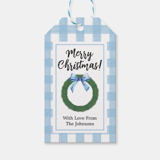 Weihnachtskranz mit Blue BowGift Tags Geschenkanhänger (Vorderseite)