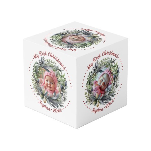 Weihnachtskranz mit grünem Foto Würfel (Rückseite Schrägansicht)
