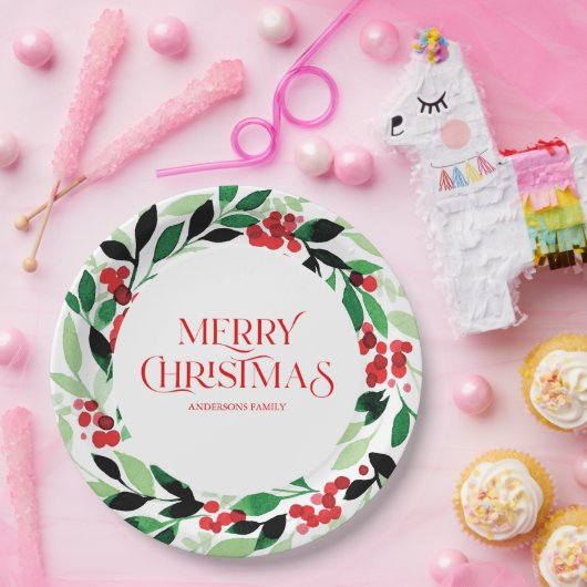 Weihnachtskranz mit grünen Blätter und roten Beere Pappteller (Party)