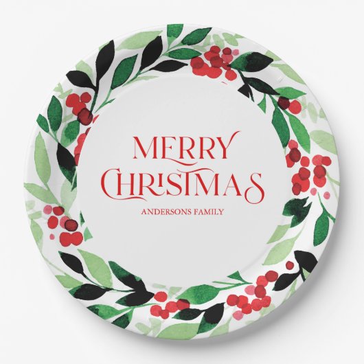 Weihnachtskranz mit grünen Blätter und roten Beere Pappteller (Vorderseite)
