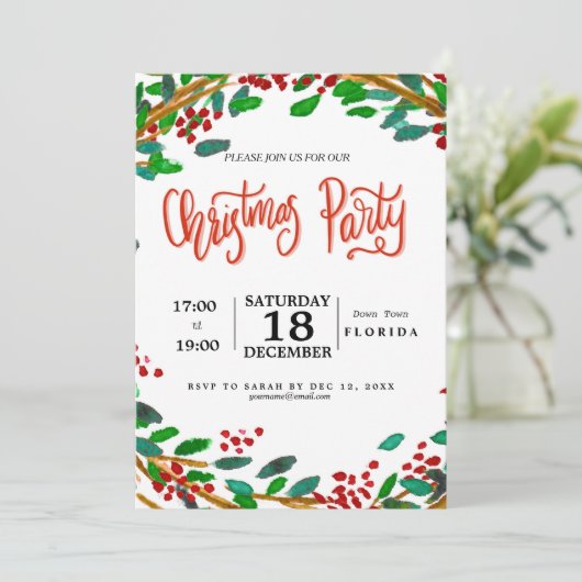 Weihnachtskranz mit handgeschriebener Wasserfarbe Einladung (Stehend Vorderseite)