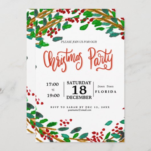 Weihnachtskranz mit handgeschriebener Wasserfarbe Einladung (Vorne/Hinten)