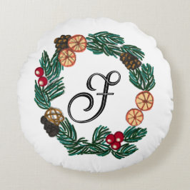 Weihnachtskranz mit individualisierbarem Anfangsbu Rundes Kissen