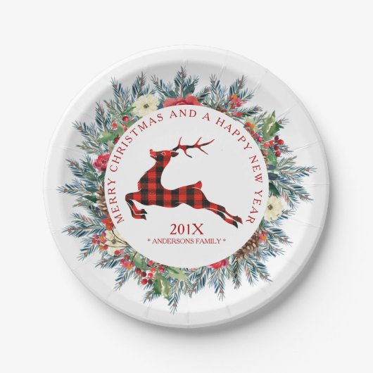 Weihnachtskranz mit kariertem Hirsch Pappteller (Vorderseite)