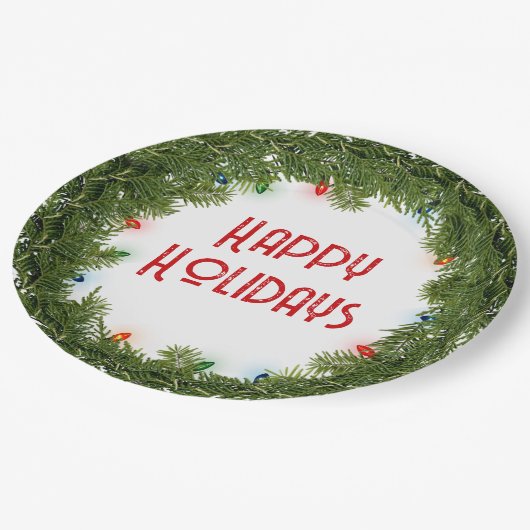 Weihnachtskranz mit Lichtern Pappteller (Schrägansicht)