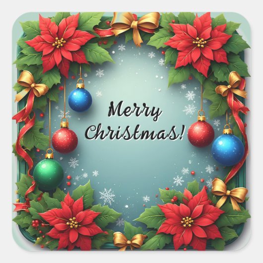 Weihnachtskranz mit Poinsettias Quadratischer Aufkleber (Vorderseite)