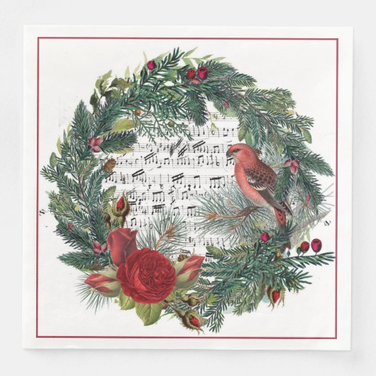 Weihnachtskranz mit Rose und Grosebeak Serviette (Vorderseite)