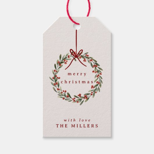 Weihnachtskranz mit rotem Bogen Geschenkanhänger (Vorderseite)