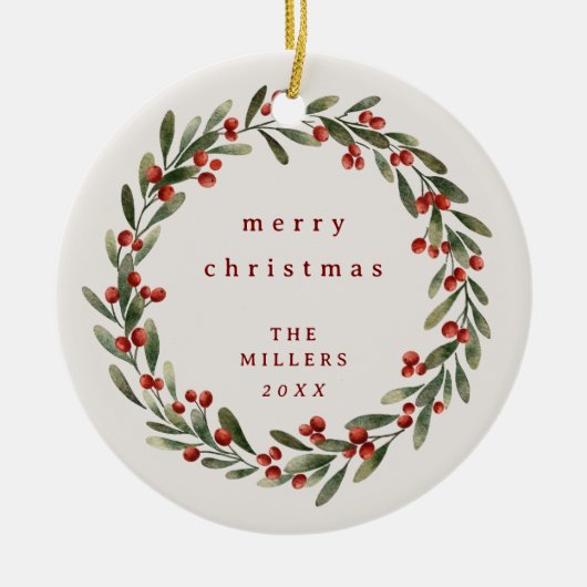 Weihnachtskranz mit rotem Bogen Keramik Ornament (Vorne)