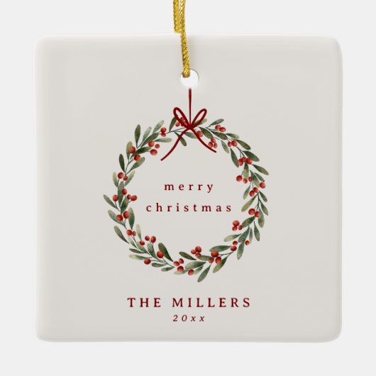 Weihnachtskranz mit rotem Bogen Keramikornament (Vorderseite)