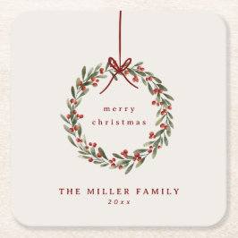 Weihnachtskranz mit rotem Bogen Rechteckiger Pappuntersetzer