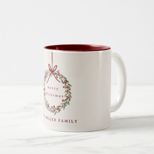 Weihnachtskranz mit rotem Bogen Zweifarbige Tasse (VorderseiteRechts)