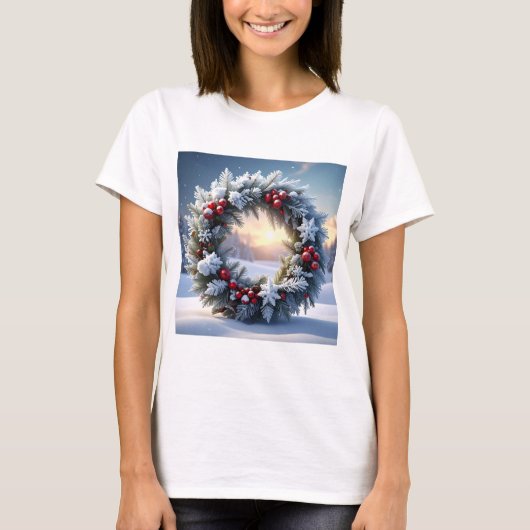 Weihnachtskranz mit roten Beeren im Schnee T-Shirt (Vorderseite)