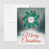Weihnachtskranz mit roten Beeren und Wald Postkarte (Vorne/Hinten)