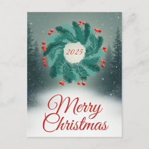 Weihnachtskranz mit roten Beeren und Wald Postkarte
