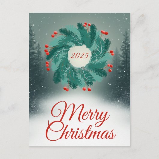 Weihnachtskranz mit roten Beeren und Wald Postkarte (Vorderseite)
