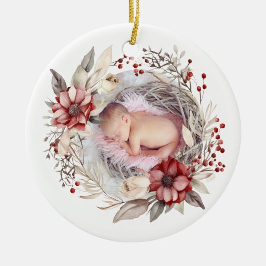 Weihnachtskranz mit roten Blume, Beeren Foto Keramik Ornament (Vorne)