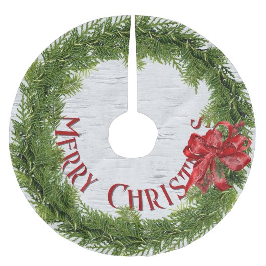Weihnachtskranz mit roter Schleife auf Birke Polyester Weihnachtsbaumdecke (Vorderseite)
