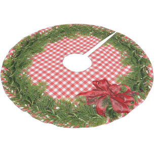 Weihnachtskranz mit roter Schleife auf Gingham Polyester Weihnachtsbaumdecke