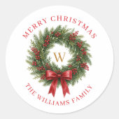 Weihnachtskranz mit roter Schleife und Monogramm Runder Aufkleber (Vorderseite)