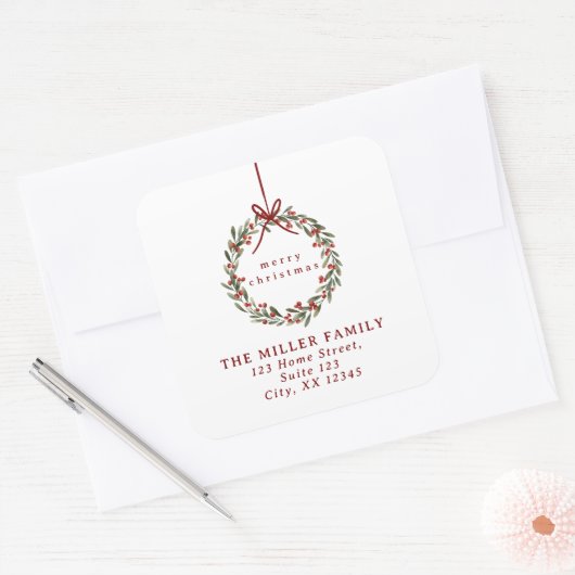 Weihnachtskranz mit Rücksendesiegel Quadratischer Aufkleber (Umschlag)
