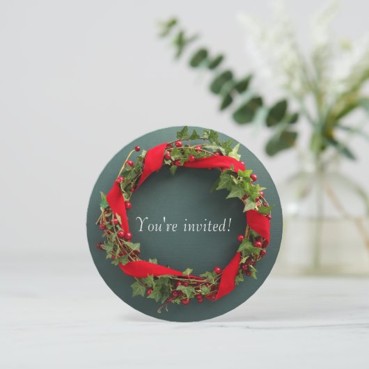 WeihnachtsKranz mit Samtband Einladung (Stehend Vorderseite)
