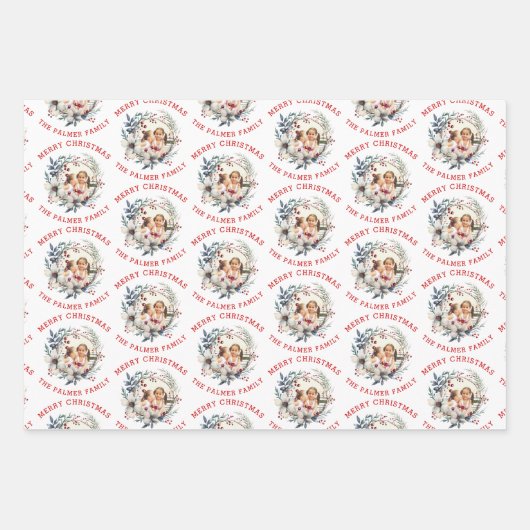 Weihnachtskranz mit weißen Blume und Foto Geschenkpapier Set (Vorderseite 3)