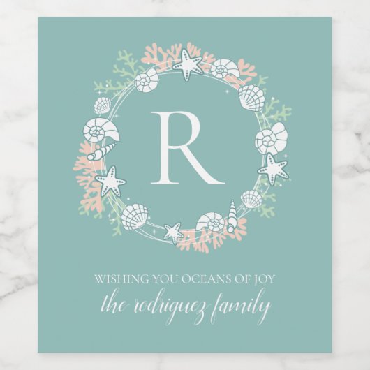 Weihnachtskranz-Monogramm der Muschel an der Küste Weinetikett (Einzelnes Label)