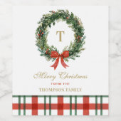 Weihnachtskranz-Monogramm-Karo-Familienname Weinetikett (Einzelnes Label)