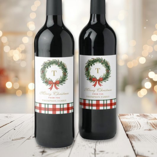 Weihnachtskranz-Monogramm-Karo-Familienname Weinetikett