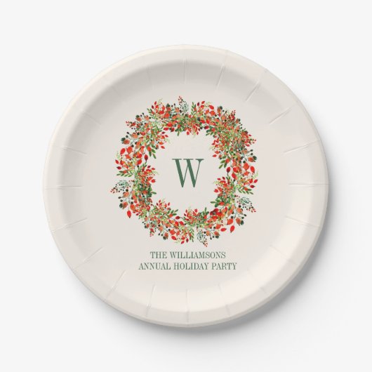 Weihnachtskranz-Monogramm-Name-Feiertagsfeier Pappteller (Vorderseite)