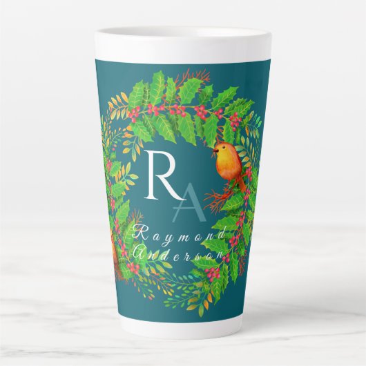 Weihnachtskranz-Monogramm Ozeanblau Milchtasse (Vorderseite)